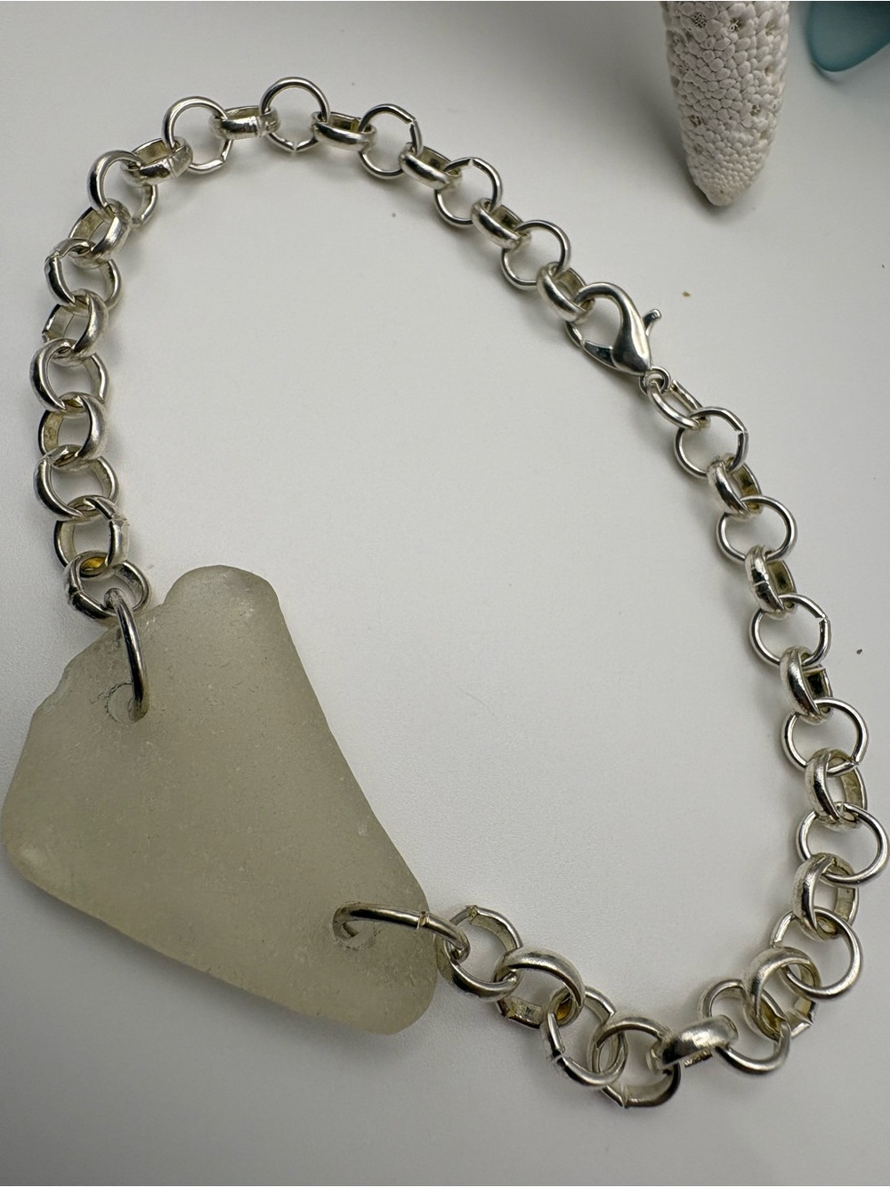 Silver Chain Bracelet with White Sea Glass Accent
